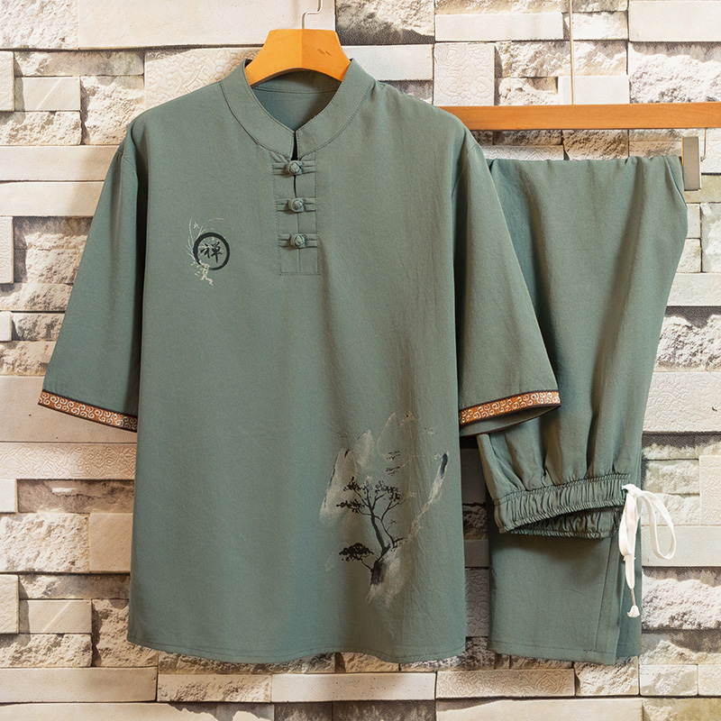 短袖男唐装套装养生馆理疗傅工作服足浴男技师工装服装T104P48，男装民族服装，星座1010A-2