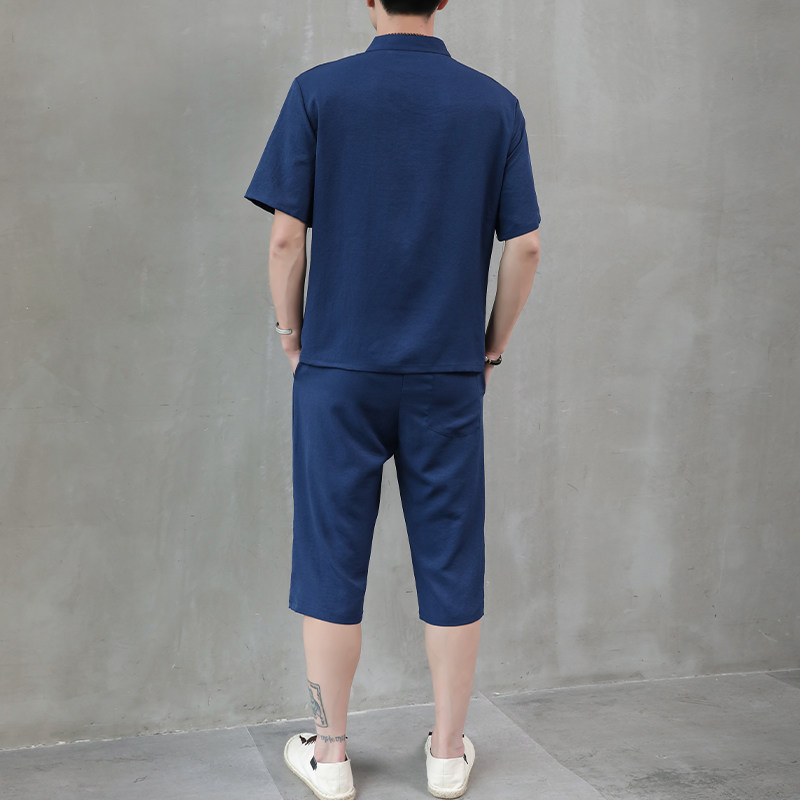 夏季新款男士唐装t恤禅服冰丝套装中裤风短袖衣服男H1689P45,男装休闲套装,星座1010A-2