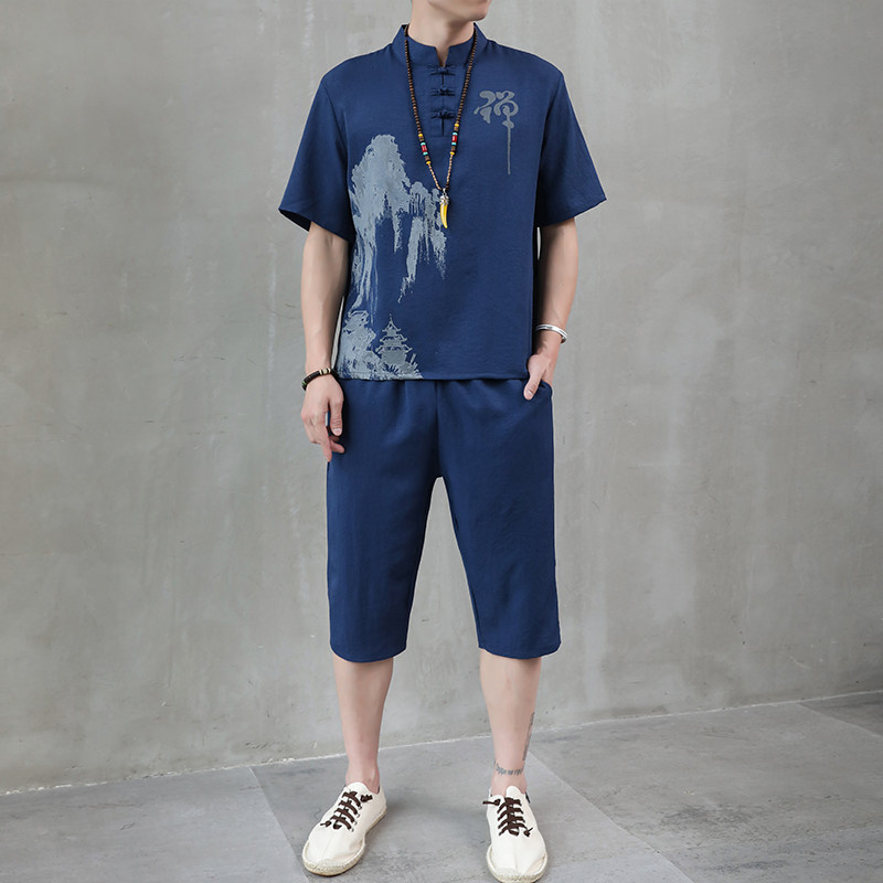 夏季新款男士唐装t恤禅服冰丝套装中裤风短袖衣服男H1689P45,男装休闲套装,星座1010A-2