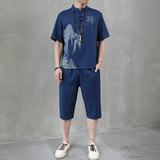 夏季新款男士唐装t恤禅服冰丝套装中裤风短袖衣服男H1689P45，男装休闲套装，星座1010A-2