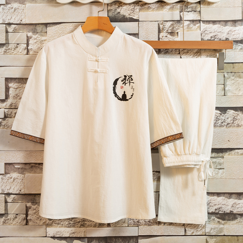 康复理疗师中式艾灸推拿纯棉短袖唐装潮套装夏天工作服T101P48，男装休闲套装，星座1010A-2
