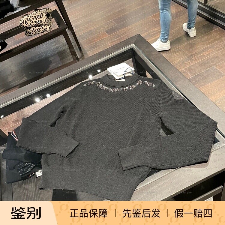 意大利奥莱 moncler 女士水钻毛衣针织衫 100%羊毛 黑色 S码