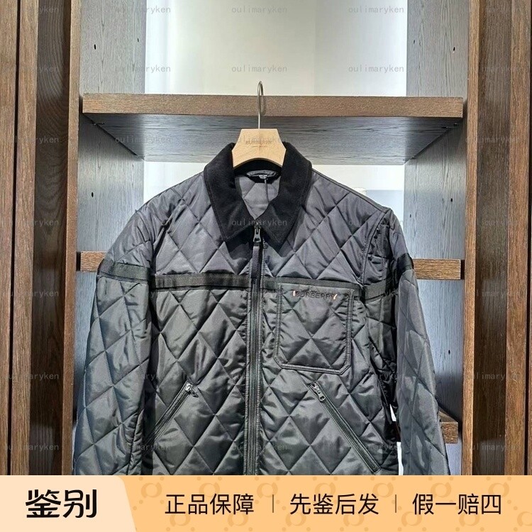 意大利奥莱 Burberry 男士翻领菱格薄棉服 黑色 M L XL码