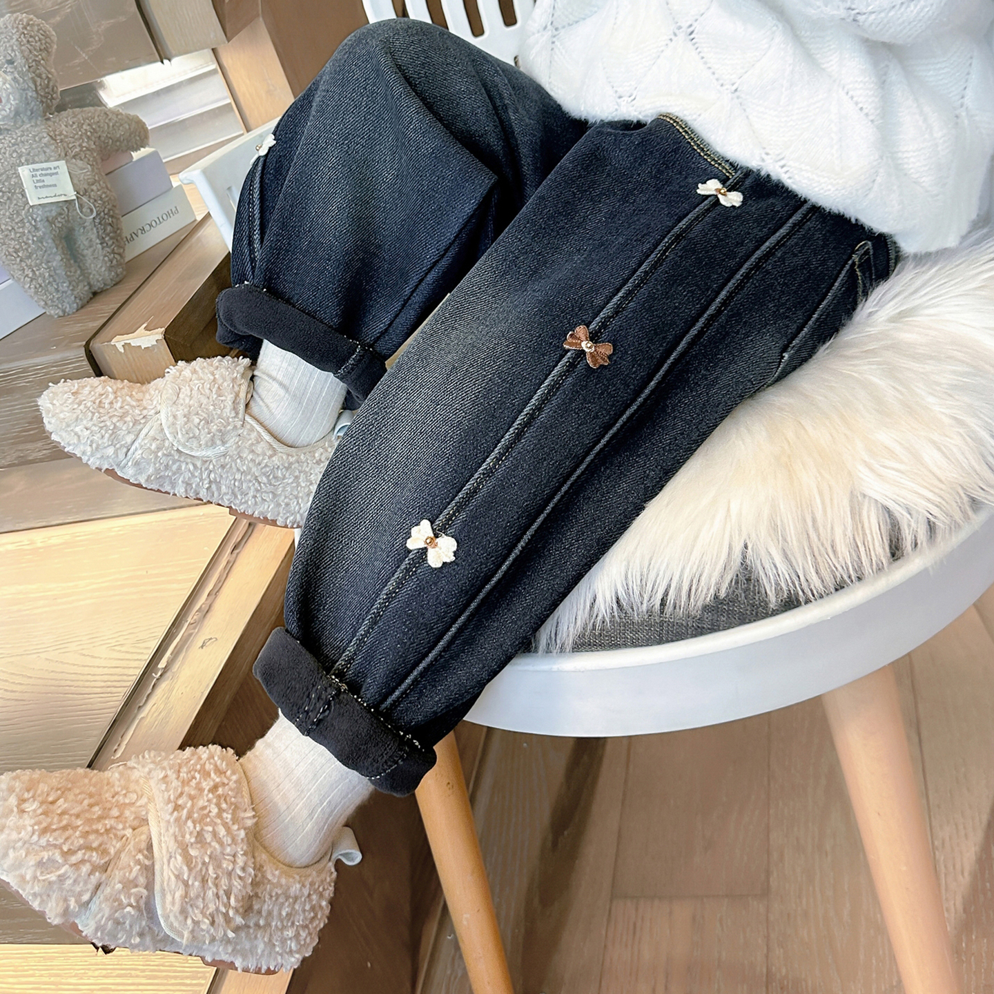 女童冬季加绒牛仔裤儿童休闲裤子