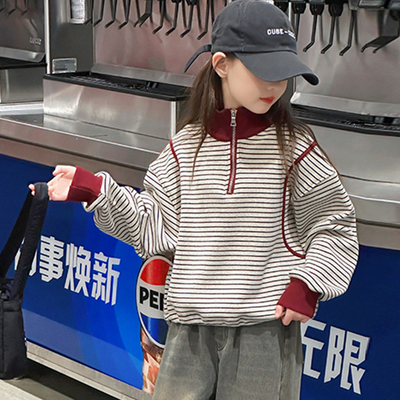 女童加绒加厚卫衣儿童条纹冬装