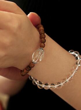 天然文莱达拉干老料沉香手链搭配白水晶随形圆珠原创款手串沉水级