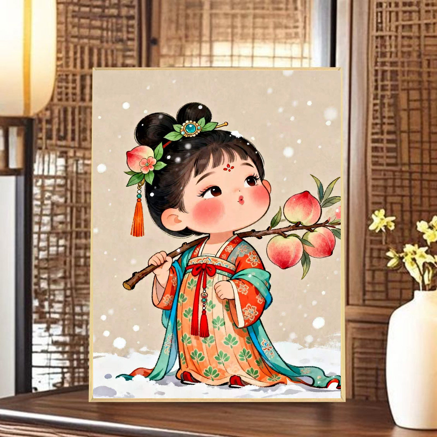 原创版权唐宫小福娃十字绣新款古风Q版仕女寿桃瑞雪客厅玄关手绣