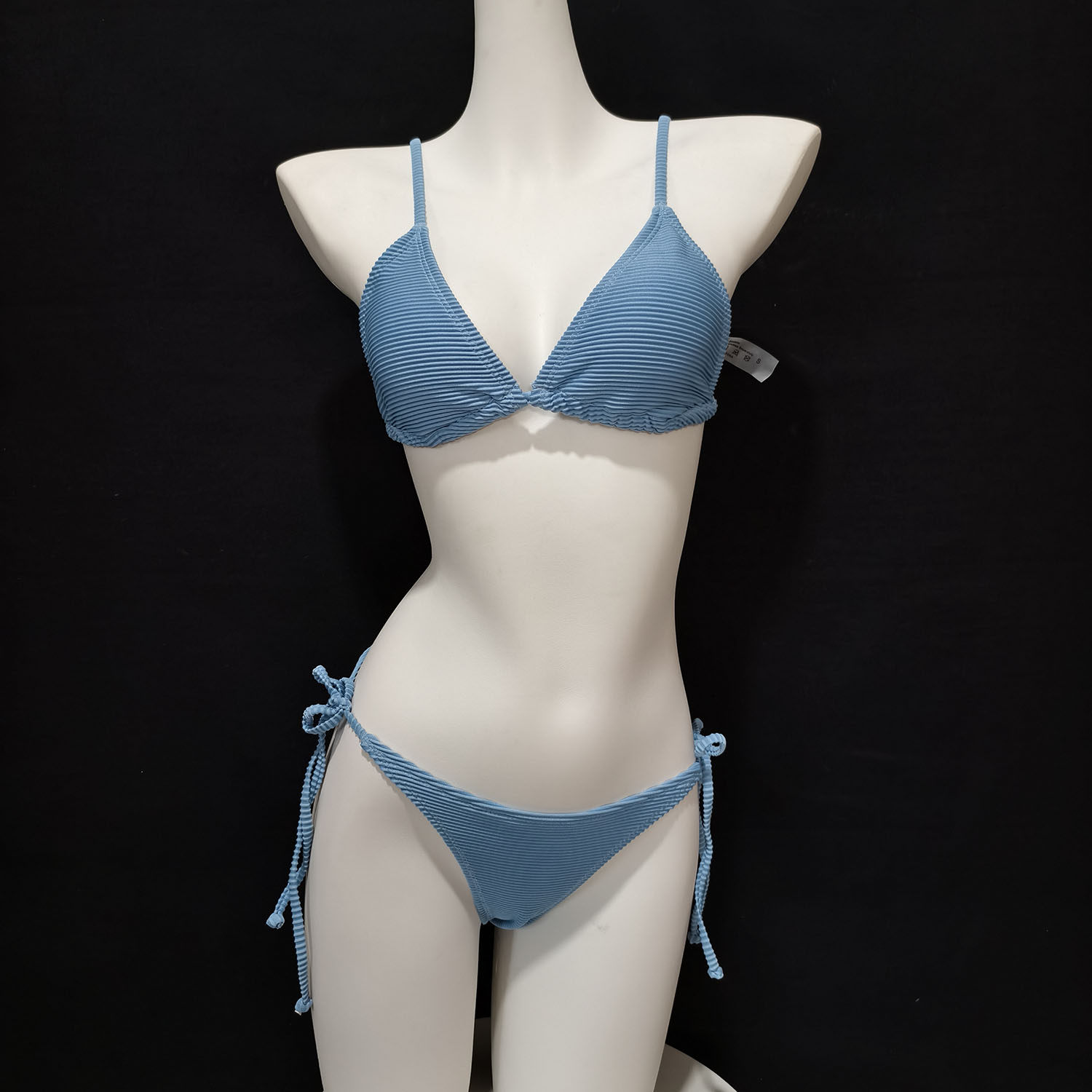 性感小胸绑带比基尼纯色高级面料挂脖分体泳衣三点式露背泳装海边