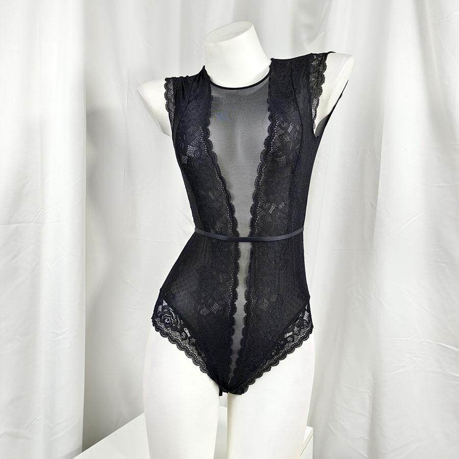 欧美性感蕾丝透明网纱塑身连体衣圆领闺房紧身衣露背美背无袖内衣