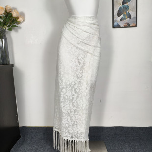 欧美性感蕾丝透视白色半身裙海边度假外披纱裙比基尼外搭长裙开叉