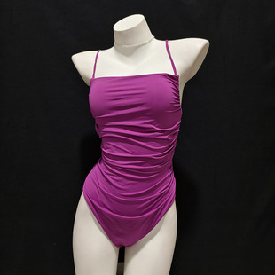 性感露背吊带连体泳衣辣妹抹胸大码泳装女泡温泉小胸褶皱修身遮肉