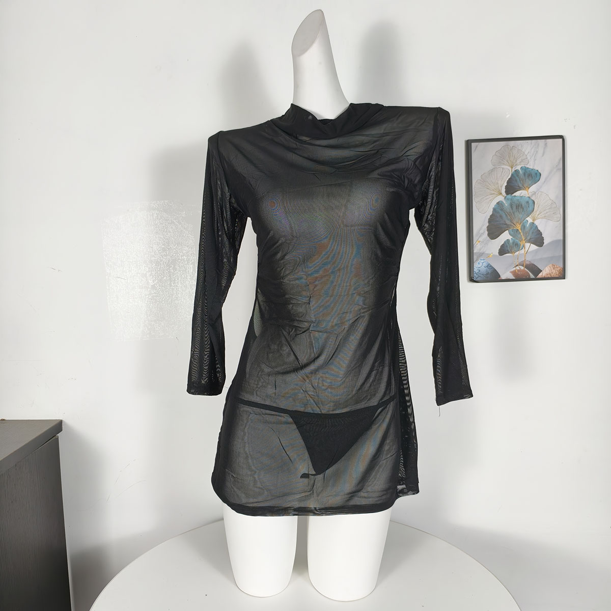 性感网纱透视长袖睡裙辣妹诱惑露背睡衣套装超薄透明短裙女战袍