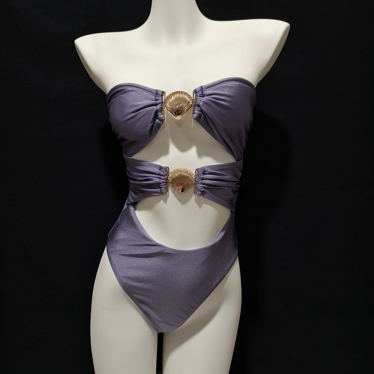 欧美性感抹胸防滑无袖连体泳衣辣妹贝壳三角高叉比基尼一体泳装