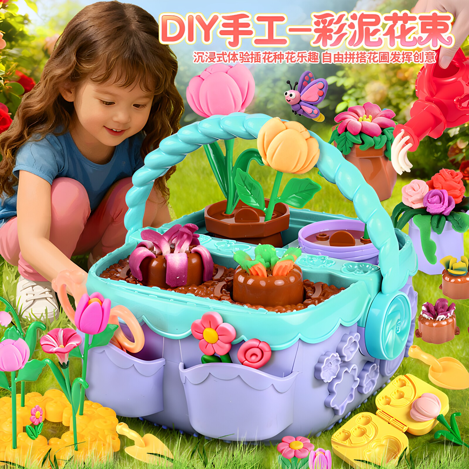 儿童彩泥玩具diy手工仿真花束盆栽无毒橡皮泥模具套装女孩礼物