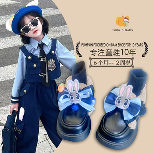 儿童小皮鞋冬季新款公主鞋卡通警官兔女宝保暖鞋软底可爱低帮棉鞋