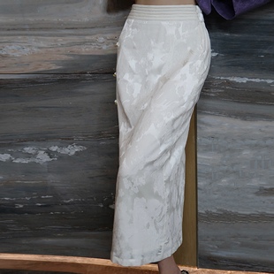 真丝浮雕提花 禅意 新中式 松紧高腰直筒盘扣开衩半裙 蒹葭白鹭