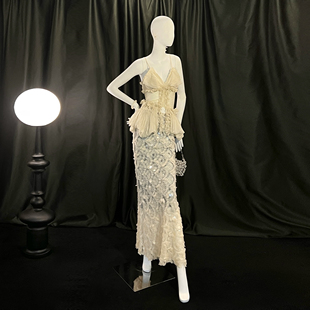 《星光人鱼纱》V领花边褶皱绑带收腰吊带上衣/鳞片鱼尾半裙套装