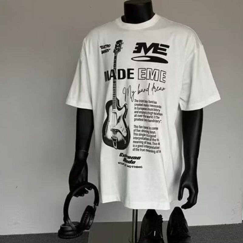 摇滚男高街tins宽松潮牌短袖吉他上衣百搭恤美式印花复古休闲