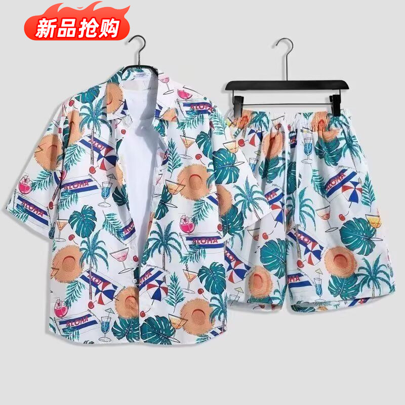 港风复古花衬衫短袖泰式夏威夷风设计感痞帅宽松套装男女
