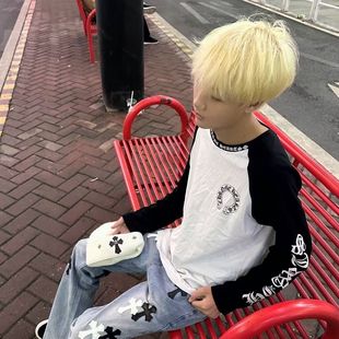 快手网红潮牌同款十字架CH梵文长袖2025新款韩T恤男女宽松打底衫