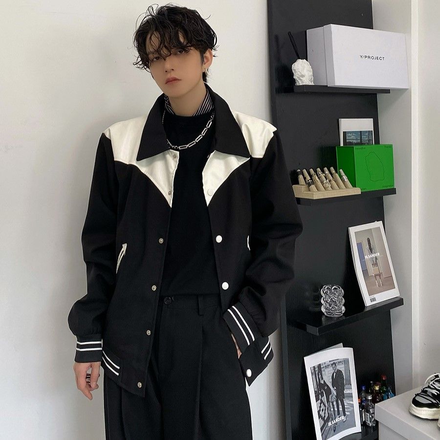 暗黑系ins撞色拼接设计感西装男潮牌韩版网红痞帅短款西服发型师