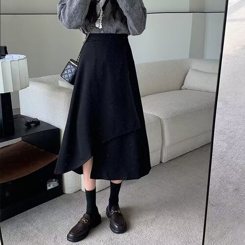 不规则开叉黑色半身裙女2024秋季中长款A字裙高腰显瘦时尚包臀裙