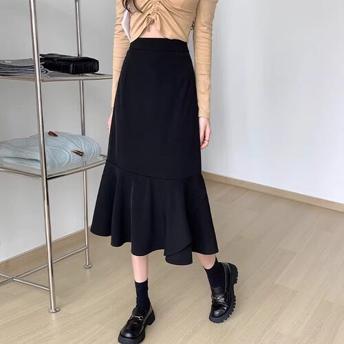雁绫羽大码微胖MM半身裙女春秋季新款高腰遮胯显瘦中长款西装鱼尾