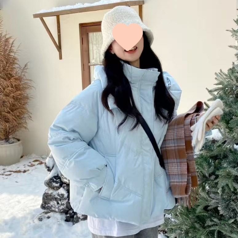 蓝色短款羽绒服女冬季2025新款小个子韩系加厚棉服连帽面包服其他