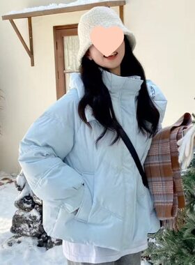 蓝色短款羽绒服女冬季2025新款小个子韩系加厚棉服连帽面包服其他