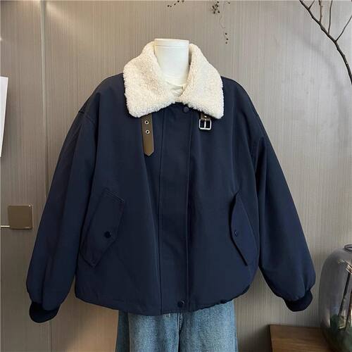 跨境羊羔毛拼接工装棉服女小个子慵懒ins设计感保暖外套2025冬季