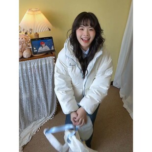 冬天保暖小个子蓝白撞色拉链连帽棉服外套女生宽松百搭面包服棉袄