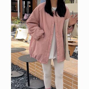 糖果色韩版薄棉衣棉服圆领设计感2023冬中长款夹棉百搭棉衣外套女