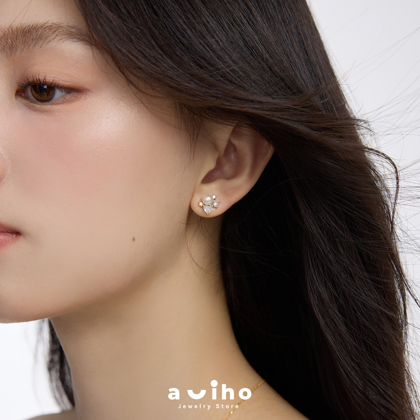 aviho 叁丘蝉鸣 高级感镶锆天然珍珠耳钉简约气质百搭轻奢耳环