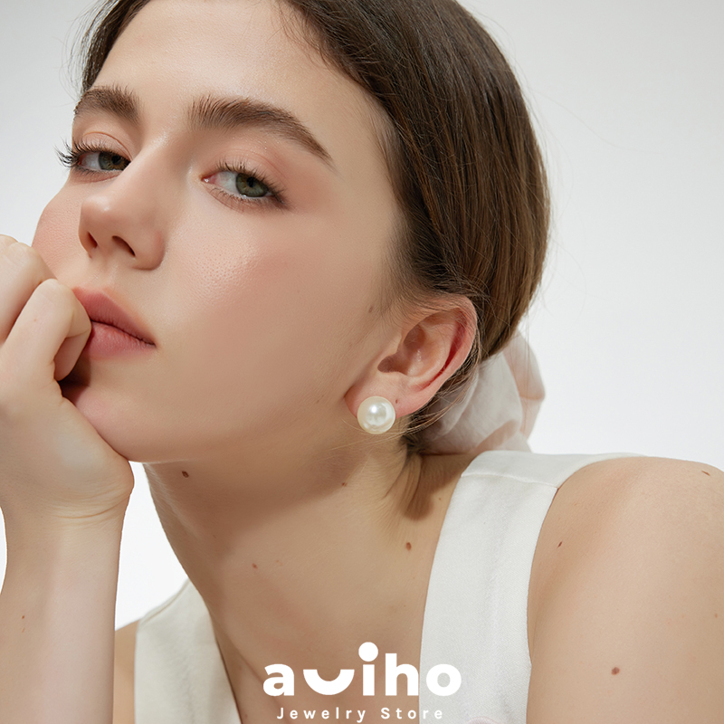 aviho 正圆珍珠纯银耳钉ins博主Fever同款强光炫彩复古