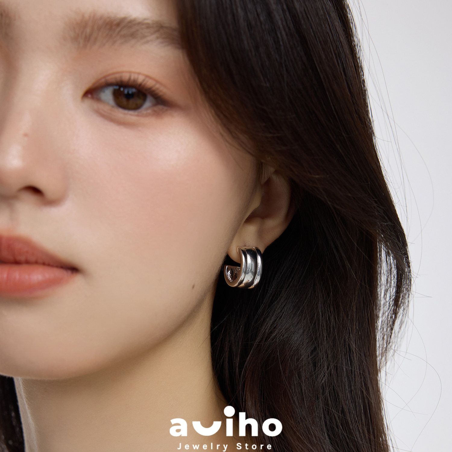 aviho 百搭极简高级光面线条C型耳圈休闲金属素圈耳环耳饰