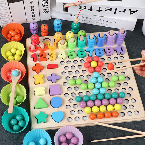 木质十三合一夹珠子夹筷子钓鱼记忆棋儿童专注力思维训练益智玩具