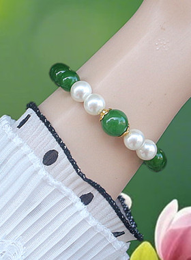 少女心青黛手串仿珍珠手链女清新甜美东陵玉古风闺蜜礼物手饰
