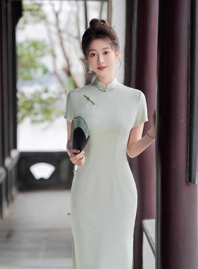 蓝色旗袍短袖2025新式改良旗袍裙年轻少女中式夏季日常纯色连衣裙