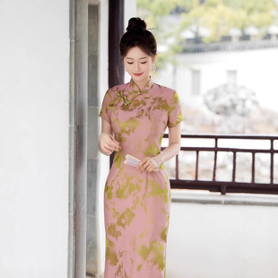 老上海旗袍时尚年轻少女款绸缎提花长款短袖连衣裙高端大气上档次