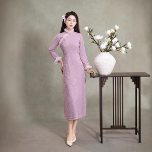 旗袍高端大气上档次秋冬加绒加厚国风新中式长袖旗袍年轻修身复古