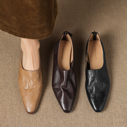 女鞋2026春季新款复古粗跟懒人鞋水洗牛皮鞋子后拉链深口女士单鞋