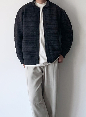 秋冬韩系简约高级感廓形条纹针织上衣翻领开衫毛衣外套男 umssusp