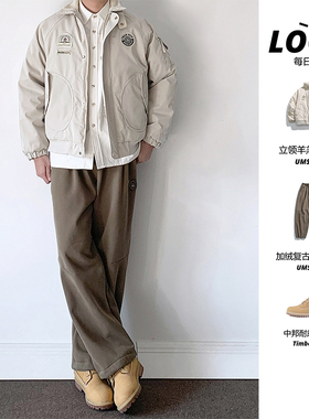 冬季复古羊羔毛徽章刺绣工装棉衣男宽松加厚飞行员棉服 umssusp