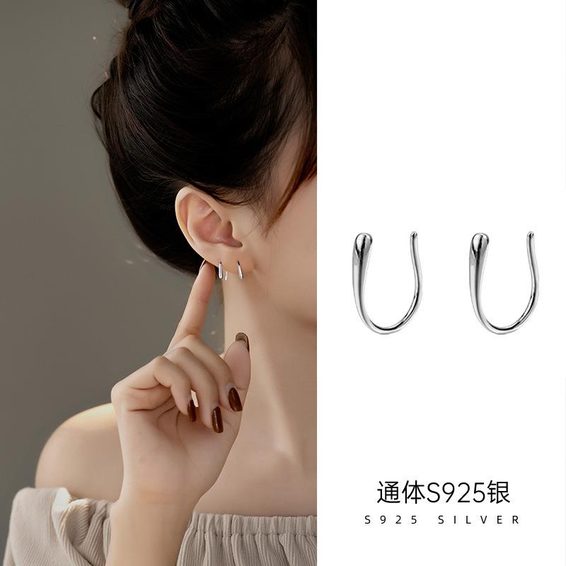S925银简约水滴形耳钩女小众设计冷淡风养耳洞春夏耳环耳饰