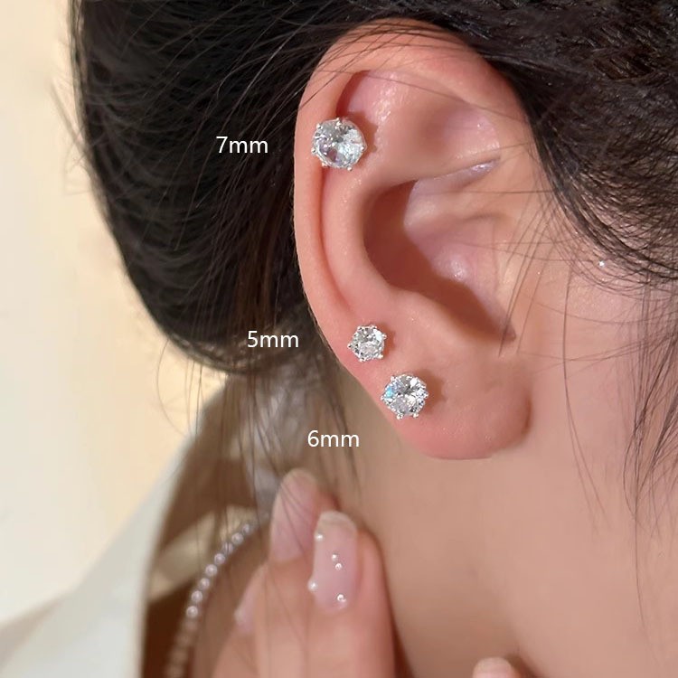 s925纯银六爪锆石耳钉女 养耳洞ins超闪钻石耳蜗钉辣妹叠戴耳骨钉
