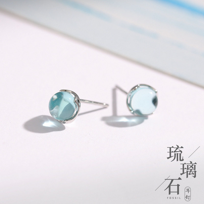 人鱼泪耳钉女925纯银气质简约蓝