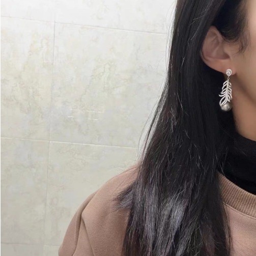 s925精工银针施家珍珠满钻羽毛耳钉女高级感贵气优雅小众精致耳饰