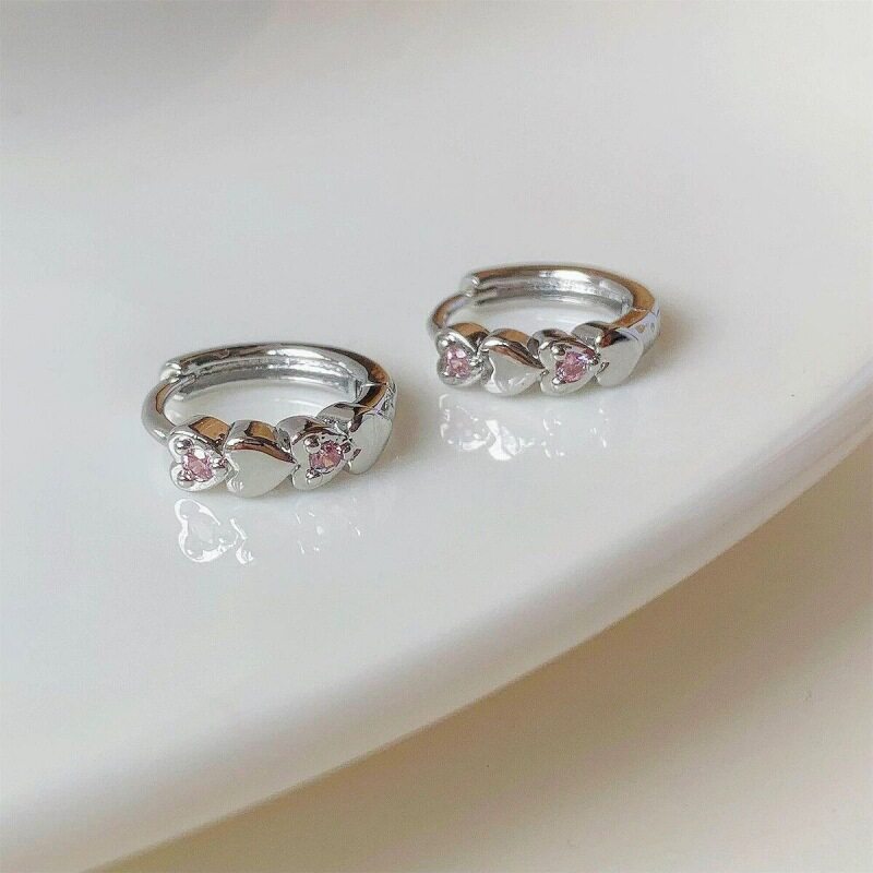 s925纯银粉色爱心锆石耳环女耳扣