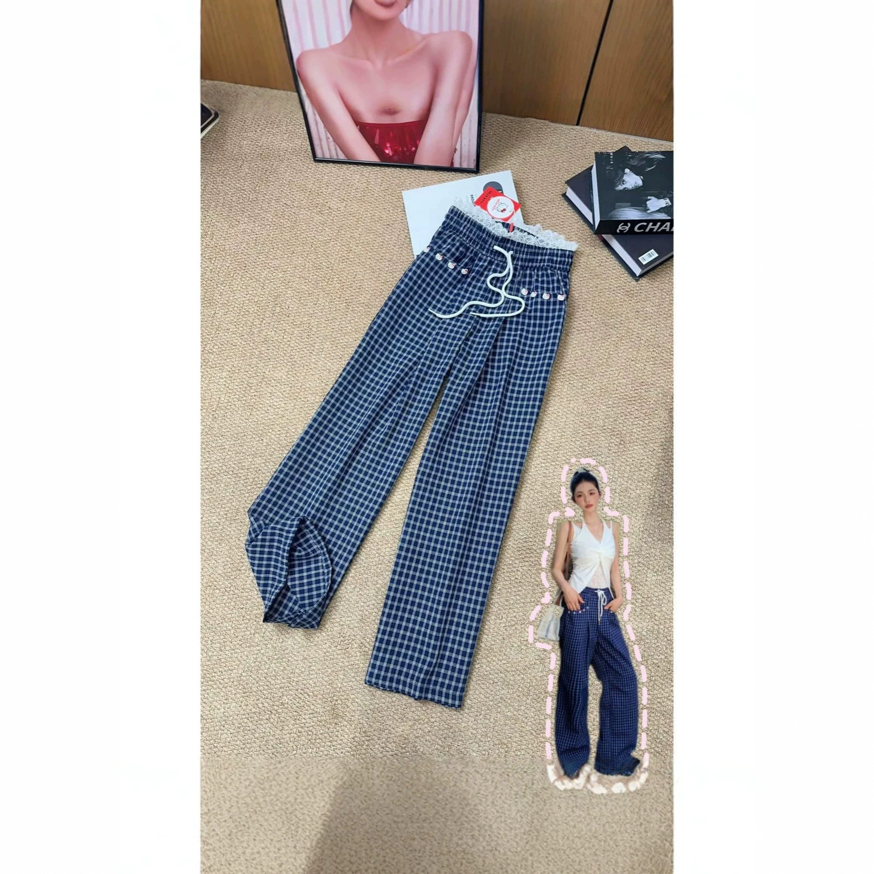 纸袋家 F6041新款小众蕾丝边系绳女裤帅酷纽扣KT格子藏青休闲长裤