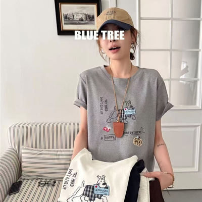 BLUE TREE蓝树正品夏季新款韩版卡通刺绣女式宽松舒适棉T恤小衫潮